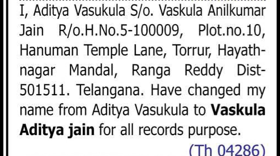 Change of Name: ADITYA VASUKULA to VASKULA ADITYA JAIN