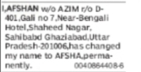 Change of Name Afshan to Afsha
