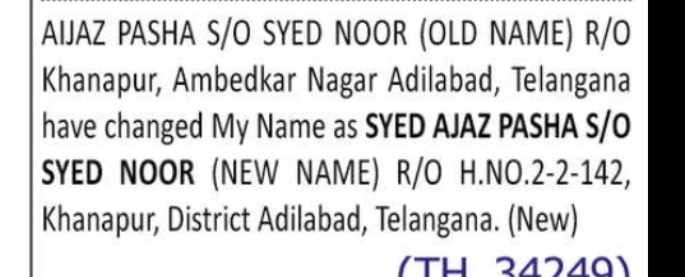 CHANGE OF NAME – Aijaz Pasha to Syed Ajaz Pasha