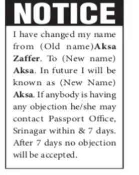 Change of Name – Aksa Zaffer to Aksa