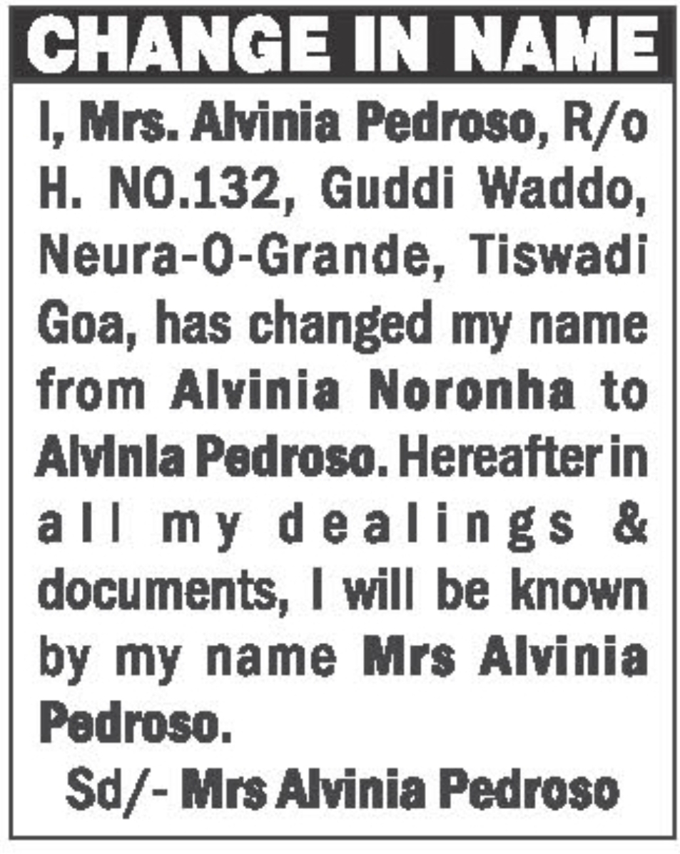 Change of Name – Alvinia Noronha to Mrs. Alvinia Pedroso