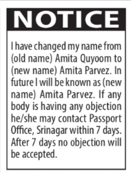 Change of Name – Amita Quyoom to Amita Parvez