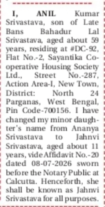 CHANGE OF NAME: ANANYA SRIVASTAVA TO JAHNVI SRIVASTAVA