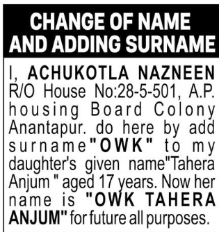 Change of Name and Adding Surname – Tahera Anjum