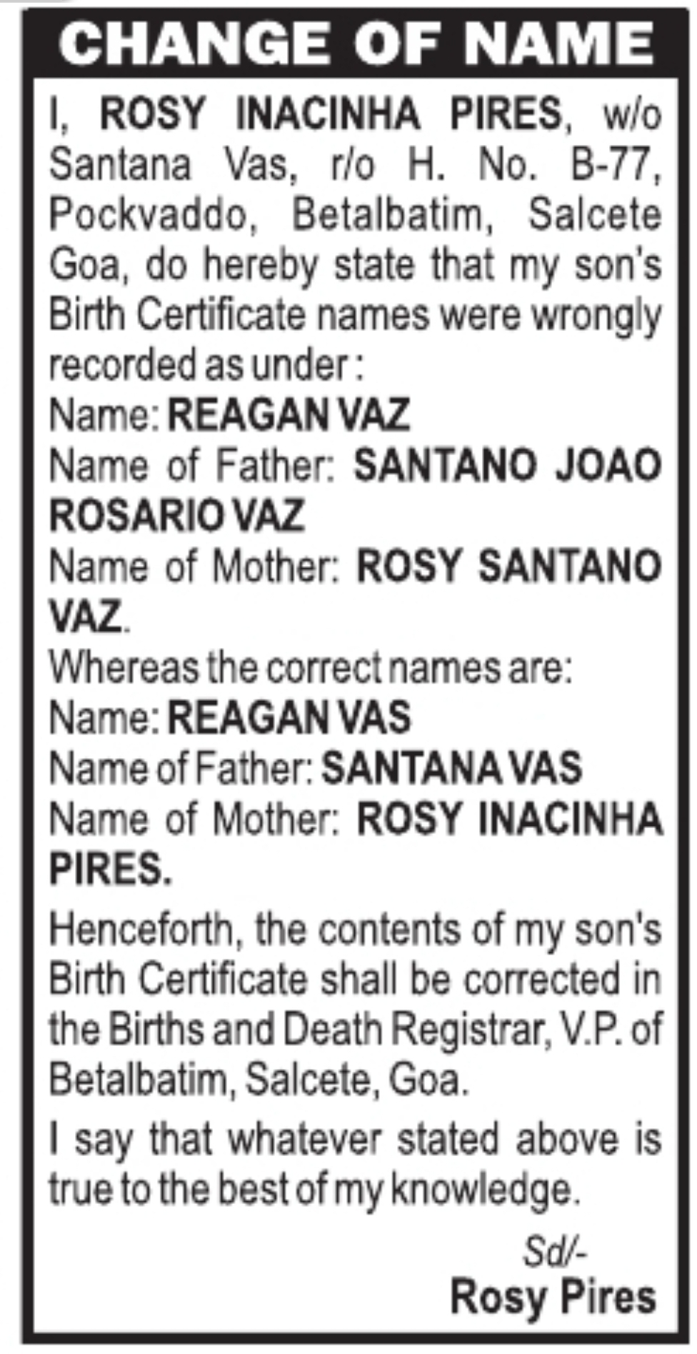 Change of Name and Correction in Birth Certificate – Reagan Vas