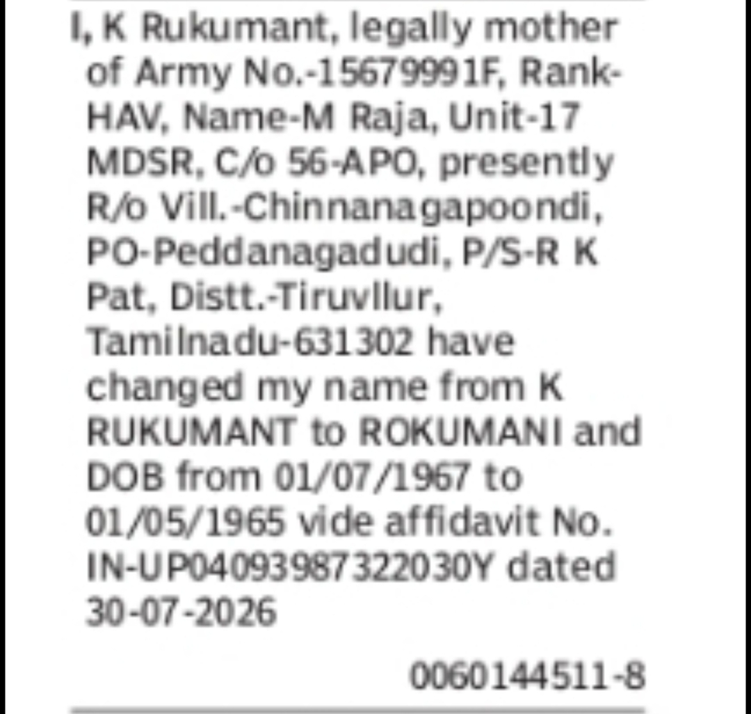 Change of Name and Date of Birth – K. Rukumant to Rokumani