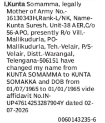 Change of Name and Date of Birth – Kunta Somamma to Kunta Somakka | Warangal, Telangana