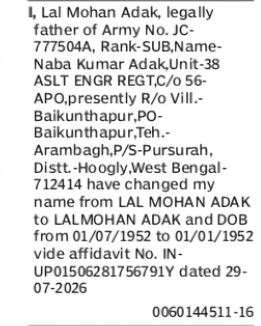Change of Name and Date of Birth: Lal Mohan Adak