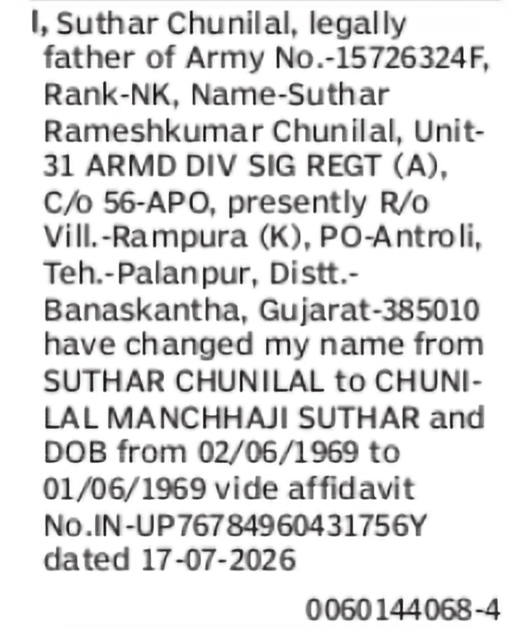 Change of Name and Date of Birth of Chunilal Suthar