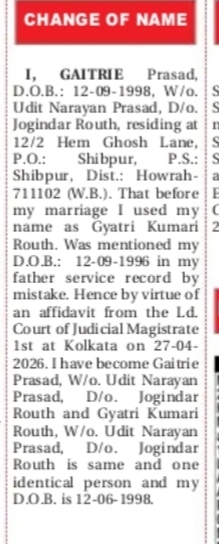 Change of Name and Date of Birth Public Notice Gaitri E. Prasad