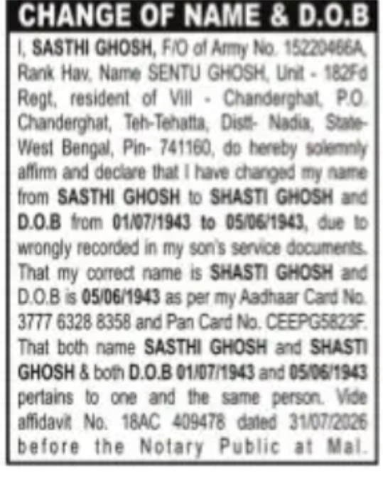 Change of Name and Date of Birth – Shasti Ghosh