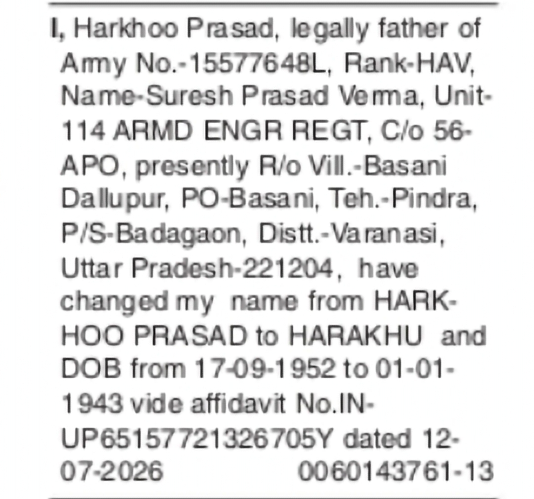 Change of Name and DOB: Harkhoo Prasad to Harakhu