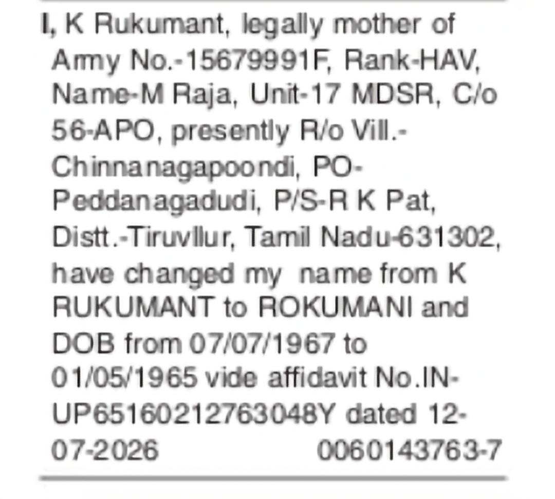Change of Name and DOB: K Rukumant to Rokumani