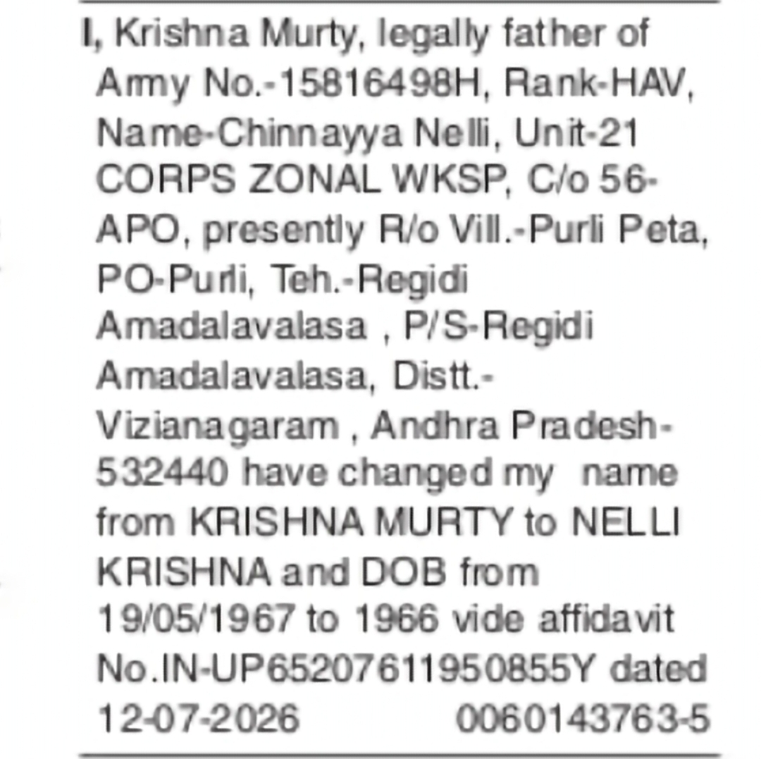 Change of Name and DOB: Krishna Murty to Nelli Krishna