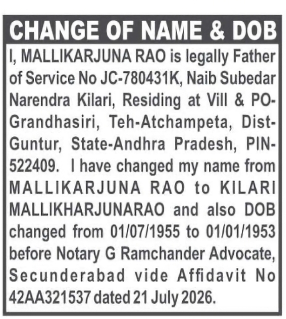 Change of Name and DOB – Mallikarjuna Rao to Kilari Mallikharjunarao