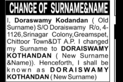 CHANGE OF NAME AND SURNAME – DORAISWAMY KOTHANDAN