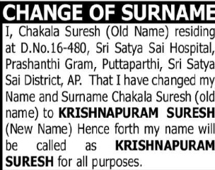 Change of Name and Surname Notice – Krishnapuram Suresh