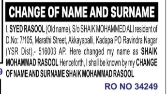 Change of Name and Surname – SYED RASOOL to SHAIK MOHAMMAD RASOOL