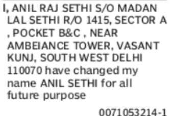 Change of Name: Anil Raj Sethi to Anil Sethi
