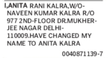 Change of Name: ANITA RANI KALRA to ANITA KALRA