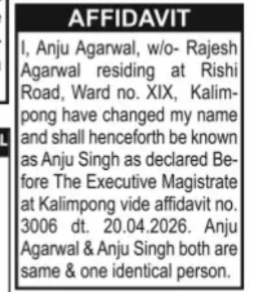 Change of Name – Anju Agarwal to Anju Singh