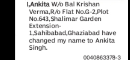 CHANGE OF NAME ANKITA TO ANKITA SINGH