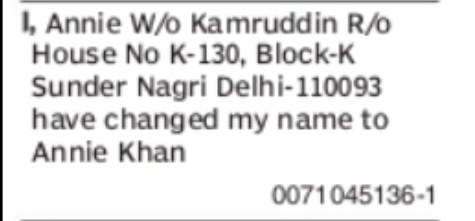 CHANGE OF NAME ANNIE TO ANNIE KHAN