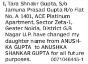 Change of Name – Anushka Gupta to Anushka Shankar Gupta
