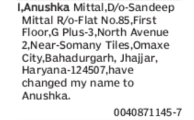 Change of Name: Anushka Mittal to Anushka