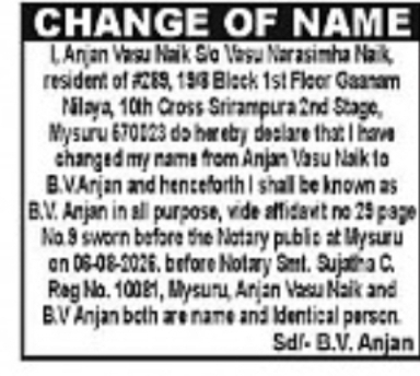 CHANGE OF NAME: ARJAN VASU NAIK TO B.V. ANJAN