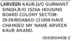 Change of Name: Arveen Kaur to Arveen Kaur Anand