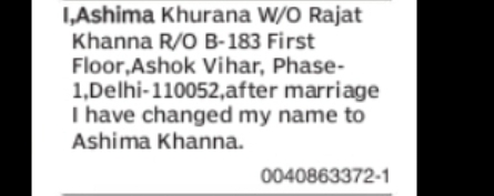 CHANGE OF NAME ASHIMA KHURANA TO ASHIMA KHANNA