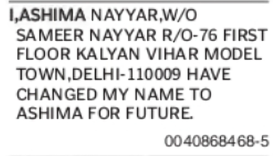 Change of Name – Ashima Nayyar to Ashima