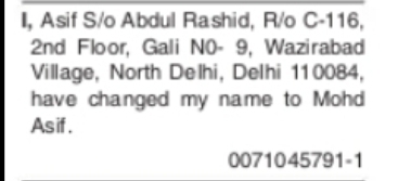 CHANGE OF NAME – ASIF TO MOHD ASIF