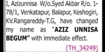 CHANGE OF NAME AZIZUNNISA TO AZIZ NNISA BEGUM