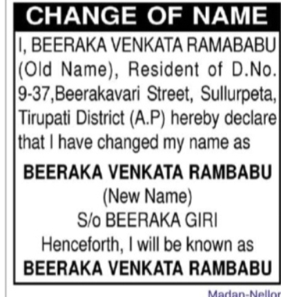 CHANGE OF NAME: BEERAKA VENKATA RAMABABU (NO CHANGE IN SPELLING)