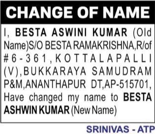 Change of Name: Besta Aswini Kumar to Besta Ashwin Kumar