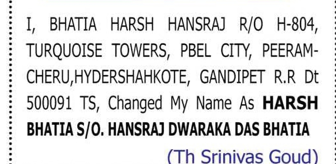 Change of Name – Bhatia Harsh Hansraj to Harsh Bhatia