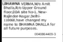 Change of Name Bhawna Verma to Bhawna Dhalla