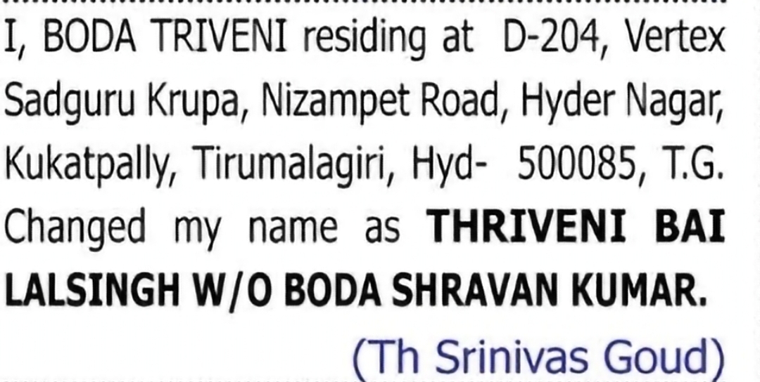 CHANGE OF NAME — BODA TRIVENI TO THRIVENI BAI LALSINGH