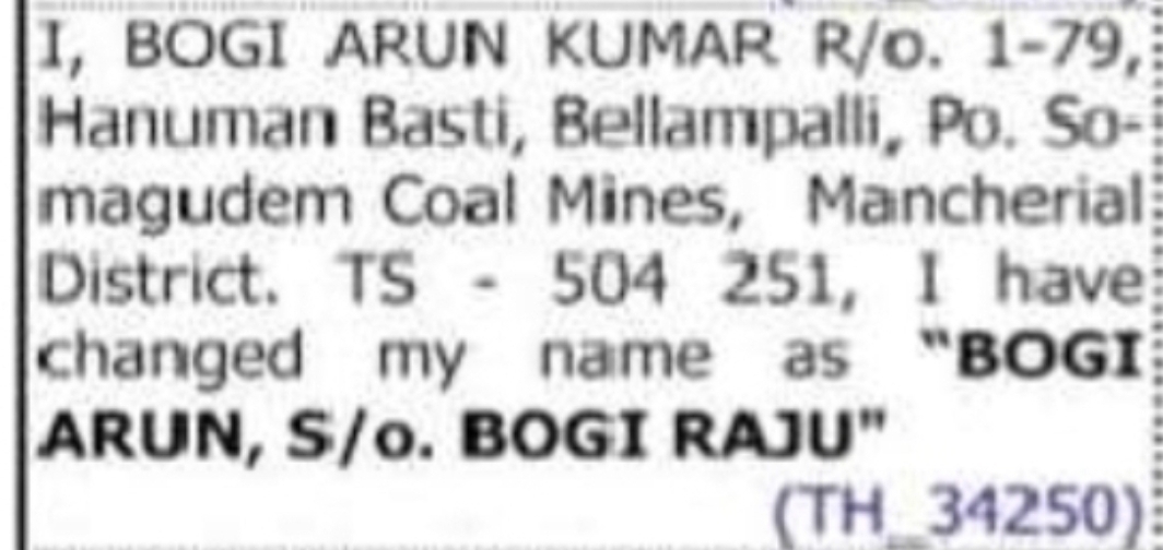 CHANGE OF NAME BOGI ARUN KUMAR TO BOGI ARUN