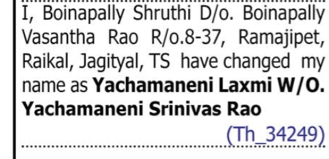 Change of Name – BOINAPALLY SHRUTHI to YACHAMANENI LAXMI