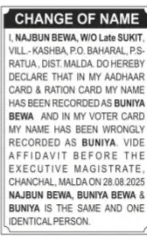 Change of Name – Buniya / Buniya Bewa to Najbun Bewa