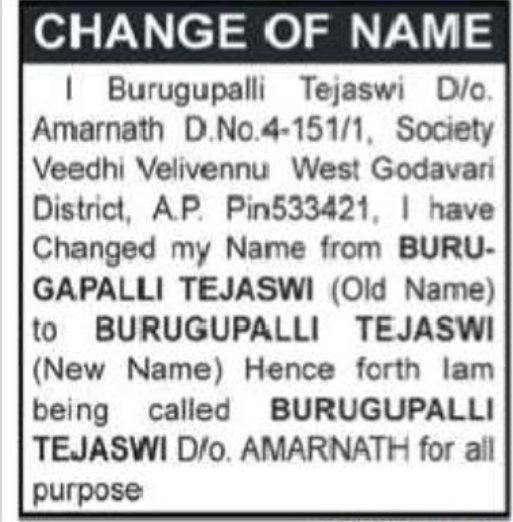 Change of Name – BURUGUPALLI TEJASWI to BURUGUPALLI TEJASWI D/O AMARNATH