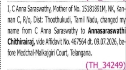 Change of Name – C Anna Saraswathy to Annasaraswathy Chithirairaj