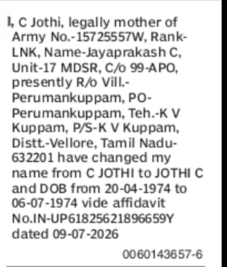 Change of Name: C JOTHI to JOTHI C