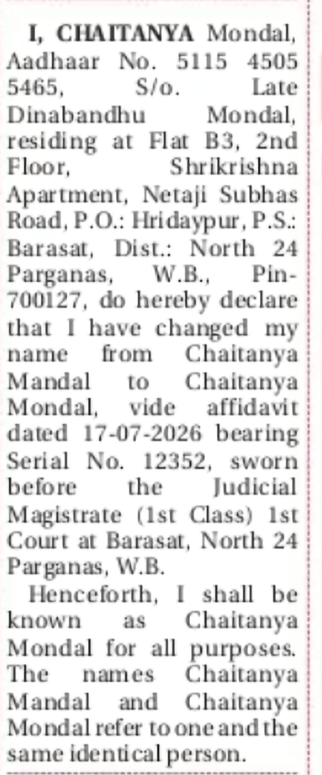 Change of Name – Chaitanya Mandal to Chaitanya Mondal