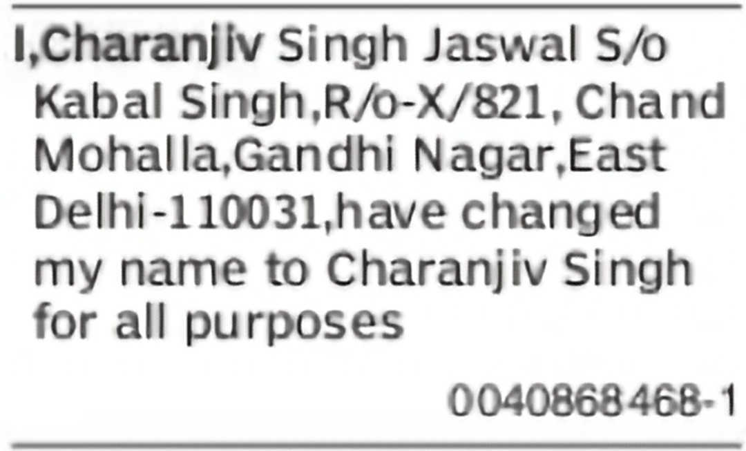 Change of Name – Charanjiv Singh Jaswal to Charanjiv Singh