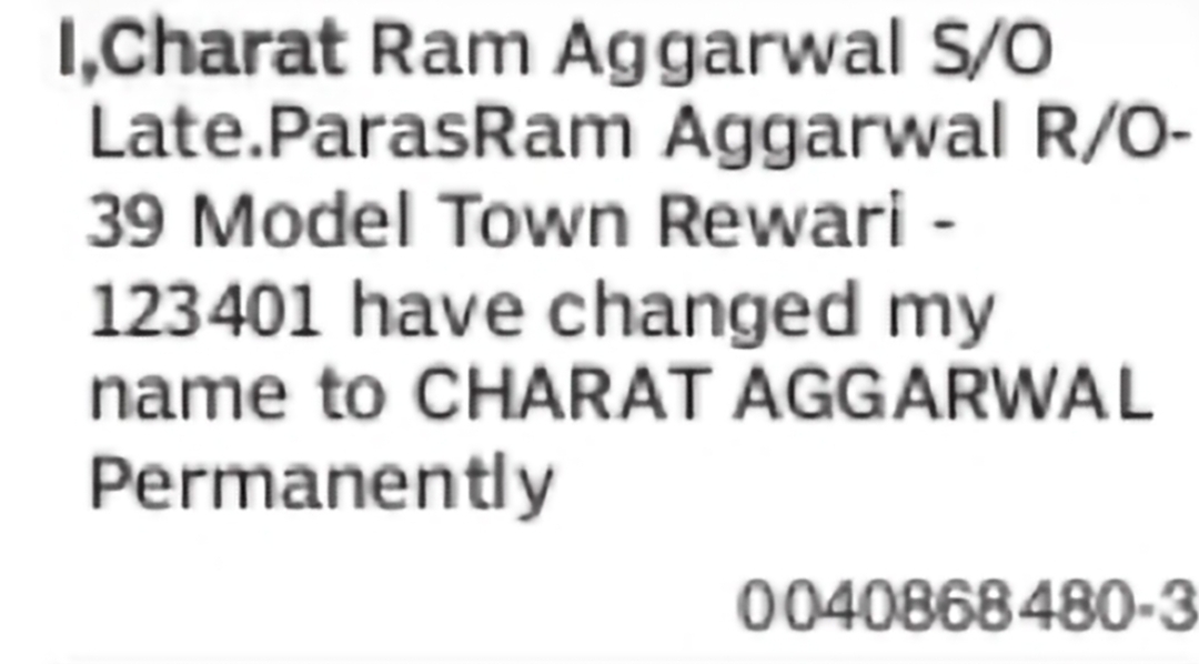 Change of Name – Charat Ram Aggarwal to Charat Aggarwal