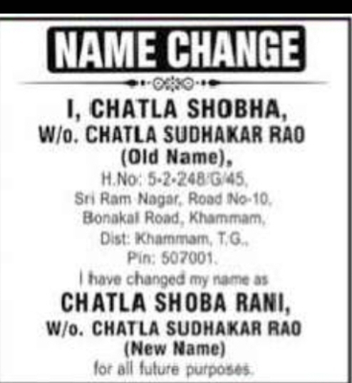 CHANGE OF NAME – CHATLA SHOBHA TO CHATLA SHOBA RANI